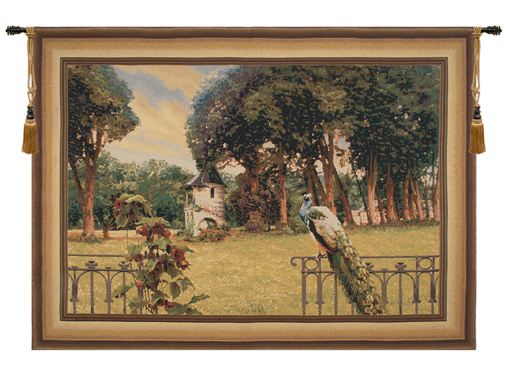 Peacock Manor with Frame Border Belgian Tapestry Wall Art
