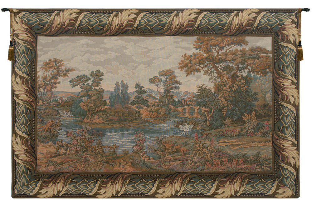 Swan in the Lake Medium with Old Border Italian Wall Tapestry