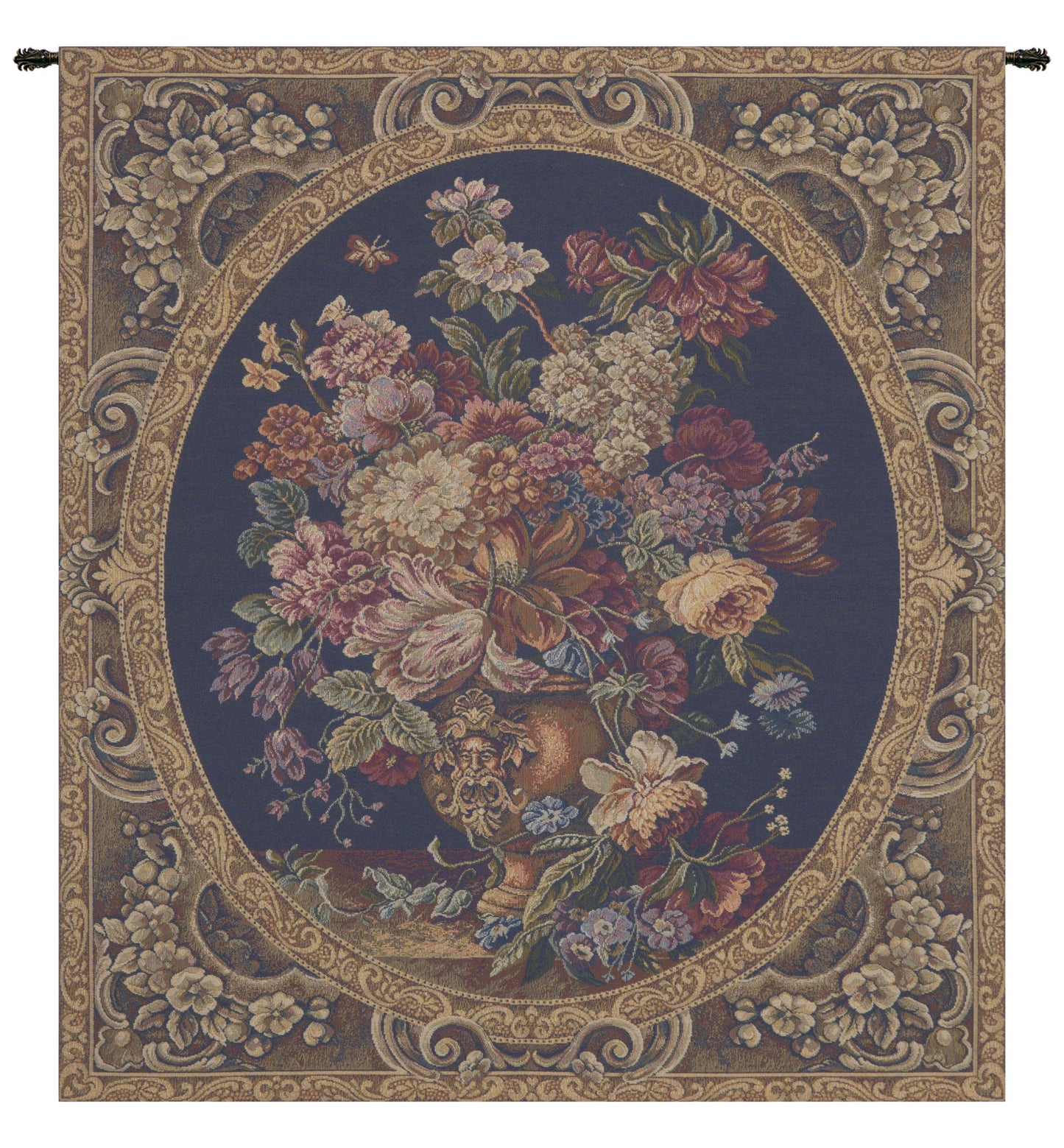 Floral Composition in Vase Dark Blue Italian Wall Tapestry