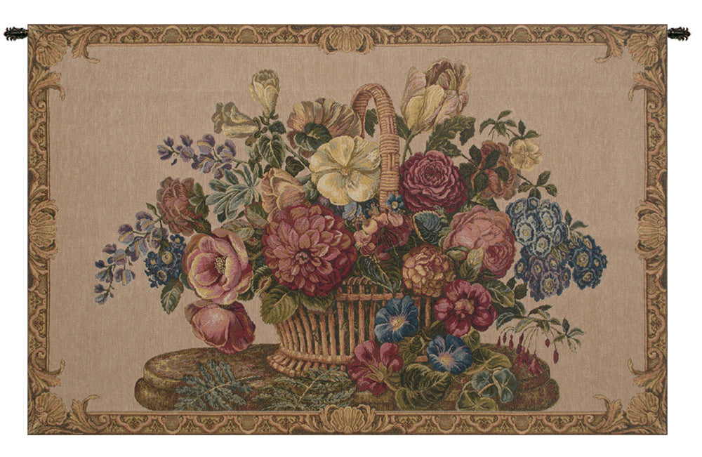 Flower Basket with Cream Chenille Background Italian Wall Tapestry