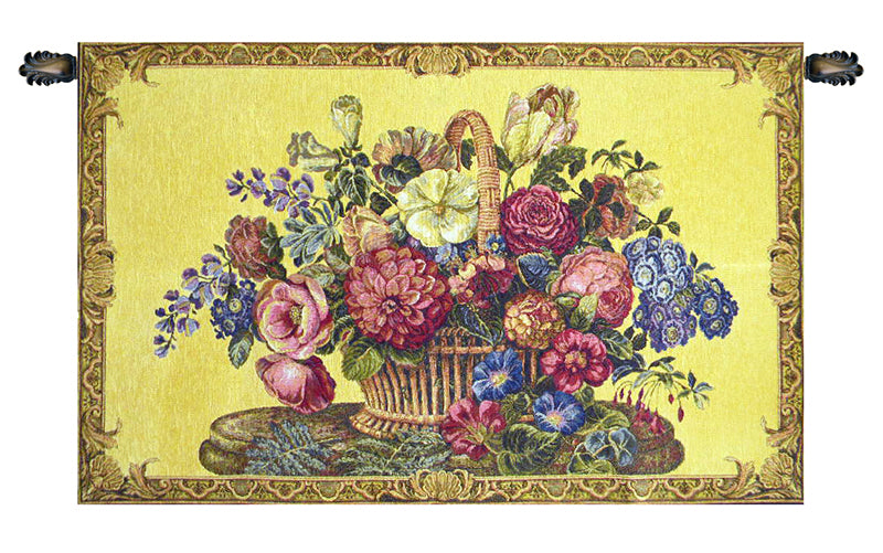 Flower Basket with Yellow Chenille Background Italian Wall Tapestry