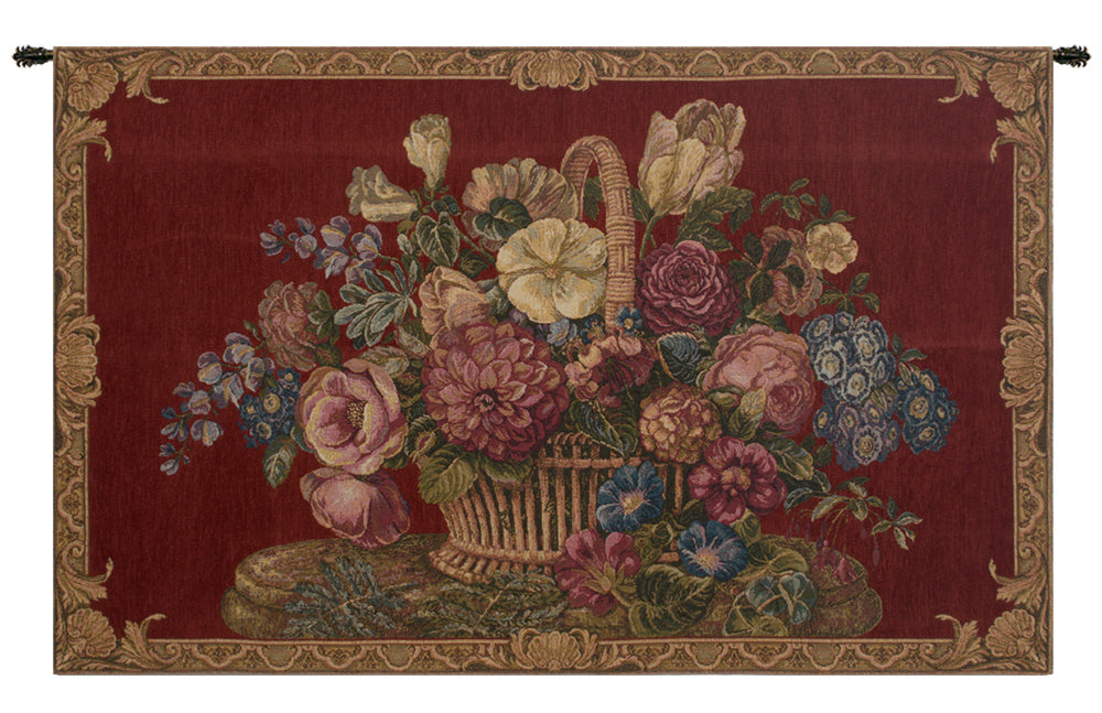 Flower Basket with Burgundy Chenille Background Italian Wall Tapestry