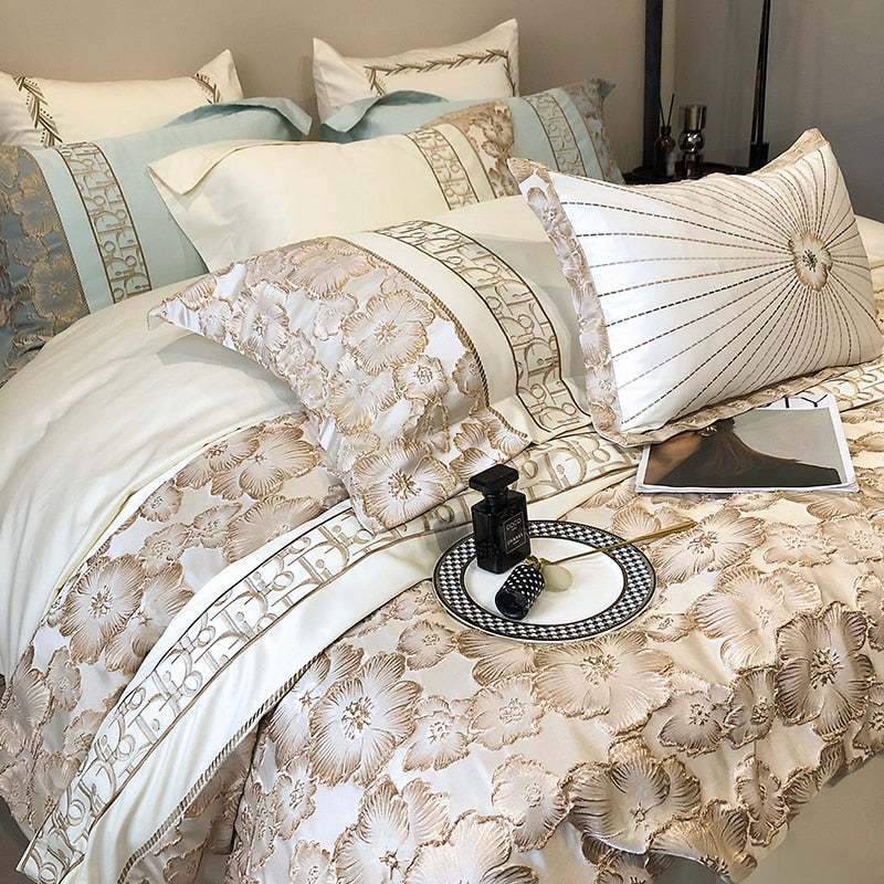 Belladonna Luxury Embossed Jacquard Embroidery Egyptian Cotton Duvet Cover Set
