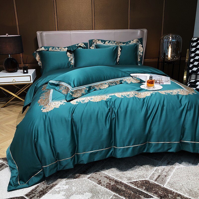 Ainia Gold Embroidered Panel Egyptian Cotton Duvet Cover Set