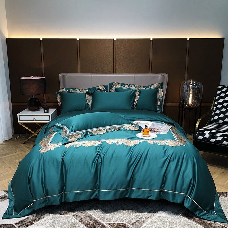 Ainia Gold Embroidered Panel Egyptian Cotton Duvet Cover Set