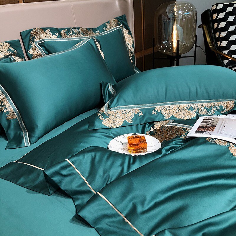 Ainia Gold Embroidered Panel Egyptian Cotton Duvet Cover Set