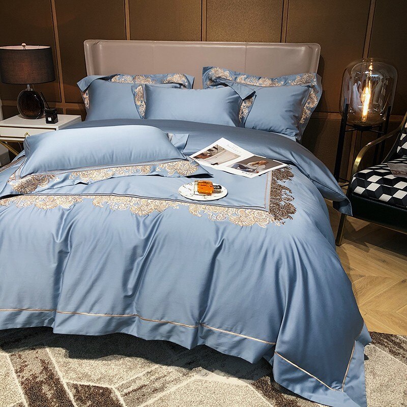 Ainia Gold Embroidered Panel Egyptian Cotton Duvet Cover Set