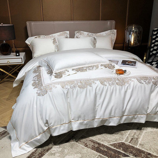 Ainia Gold Embroidered Panel Egyptian Cotton Duvet Cover Set