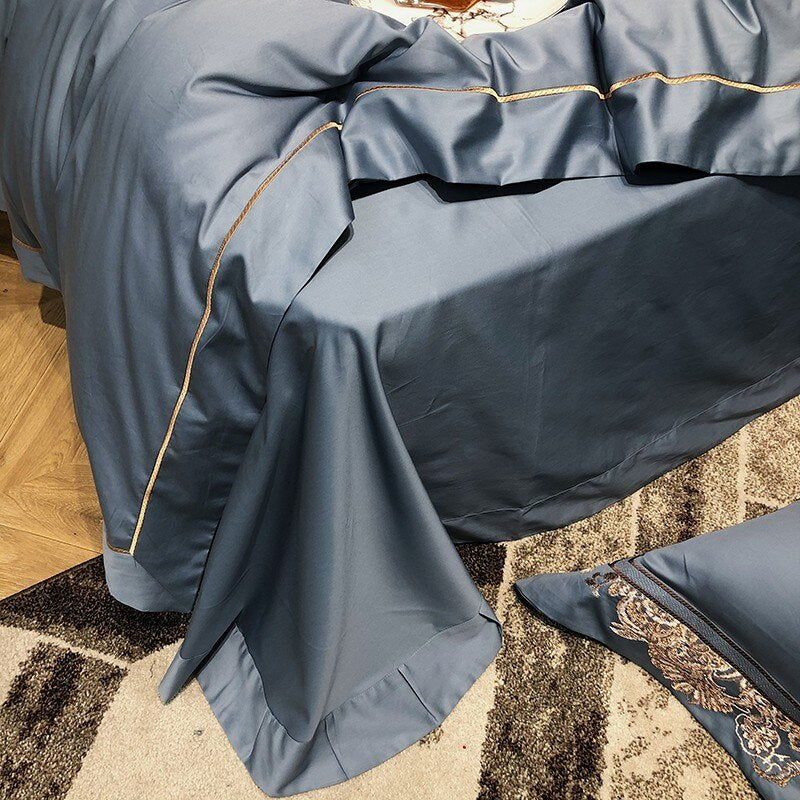 Ainia Gold Embroidered Panel Egyptian Cotton Duvet Cover Set
