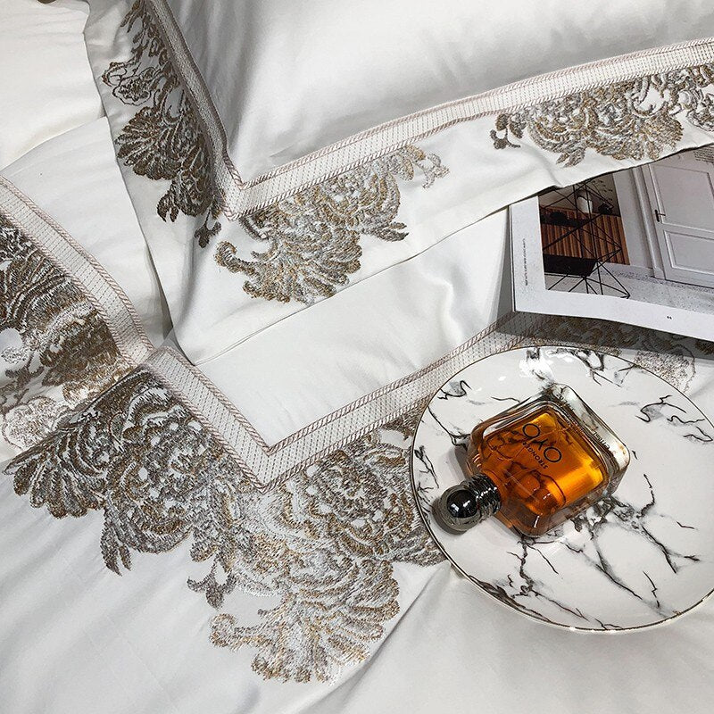 Ainia Gold Embroidered Panel Egyptian Cotton Duvet Cover Set