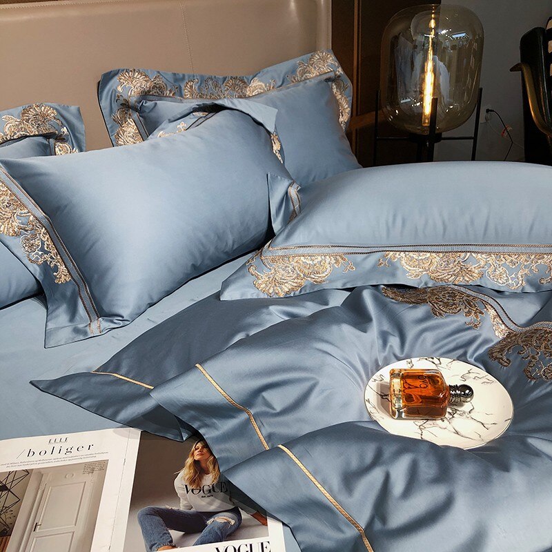 Ainia Gold Embroidered Panel Egyptian Cotton Duvet Cover Set