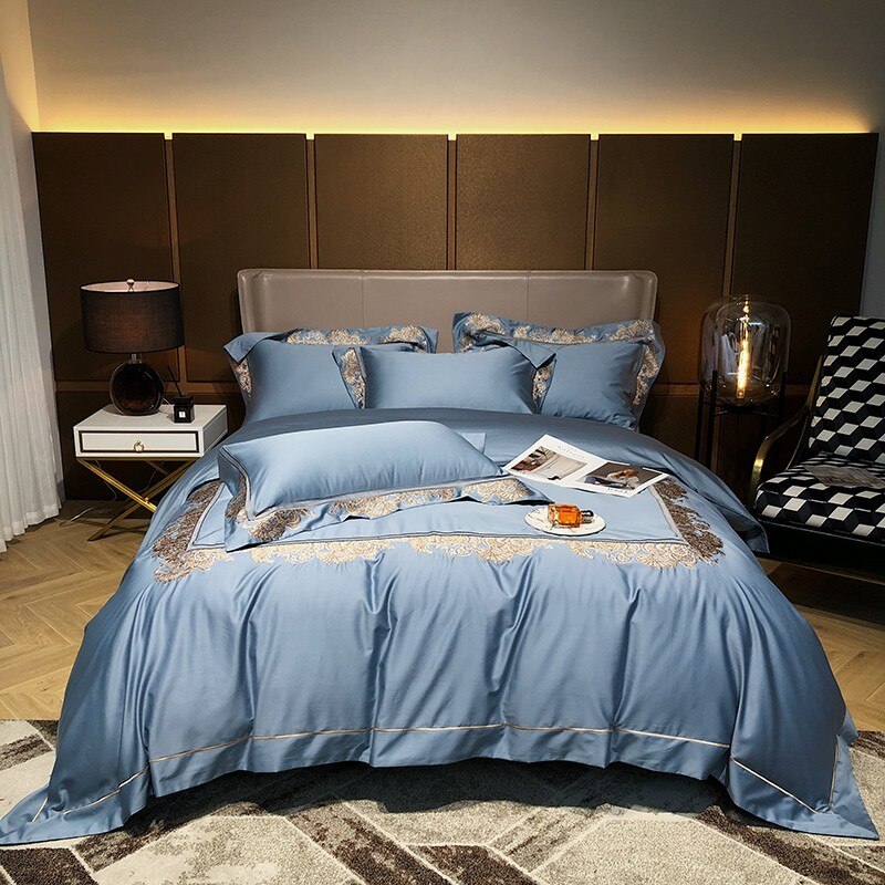 Ainia Gold Embroidered Panel Egyptian Cotton Duvet Cover Set