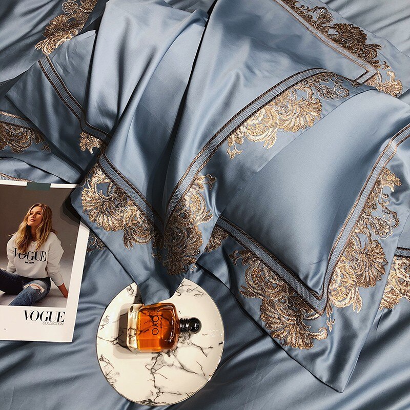 Ainia Gold Embroidered Panel Egyptian Cotton Duvet Cover Set