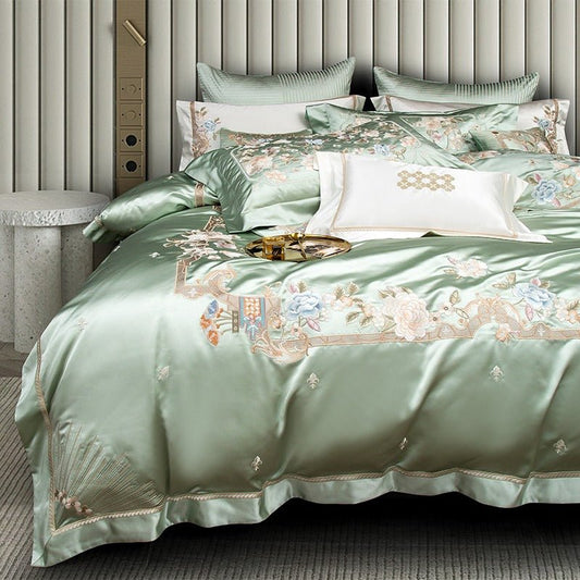 Abrial Green Embroidery Egyptian Cotton Duvet Cover Set - RoseStraya.com