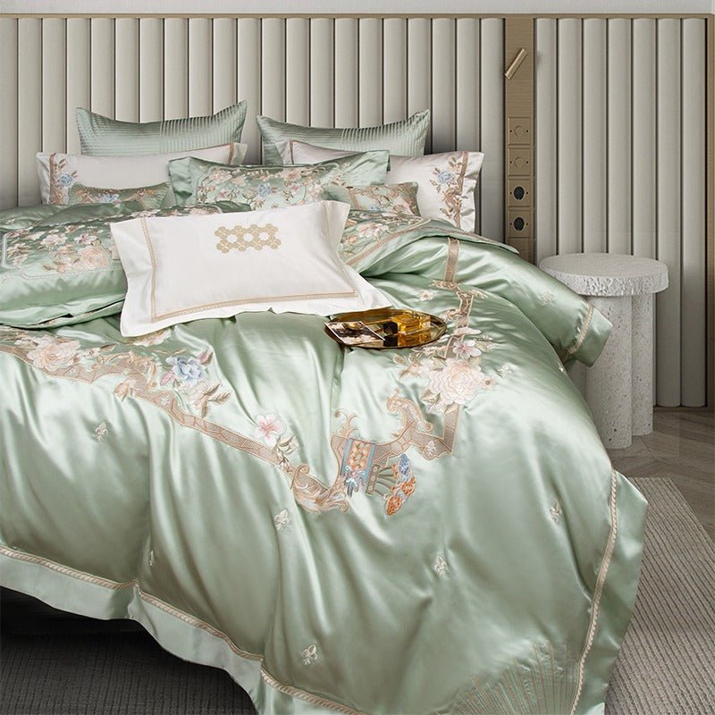 Abrial Green Embroidery Egyptian Cotton Duvet Cover Set - RoseStraya.com