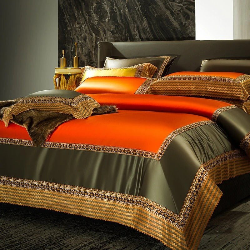 Adriel Orange Egyptian Cotton Embroidery Duvet Cover Set - RoseStraya.com