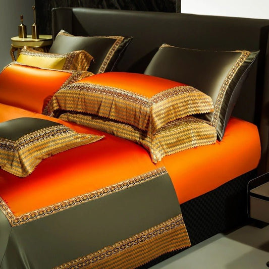 Adriel Orange Egyptian Cotton Embroidery Duvet Cover Set - RoseStraya.com