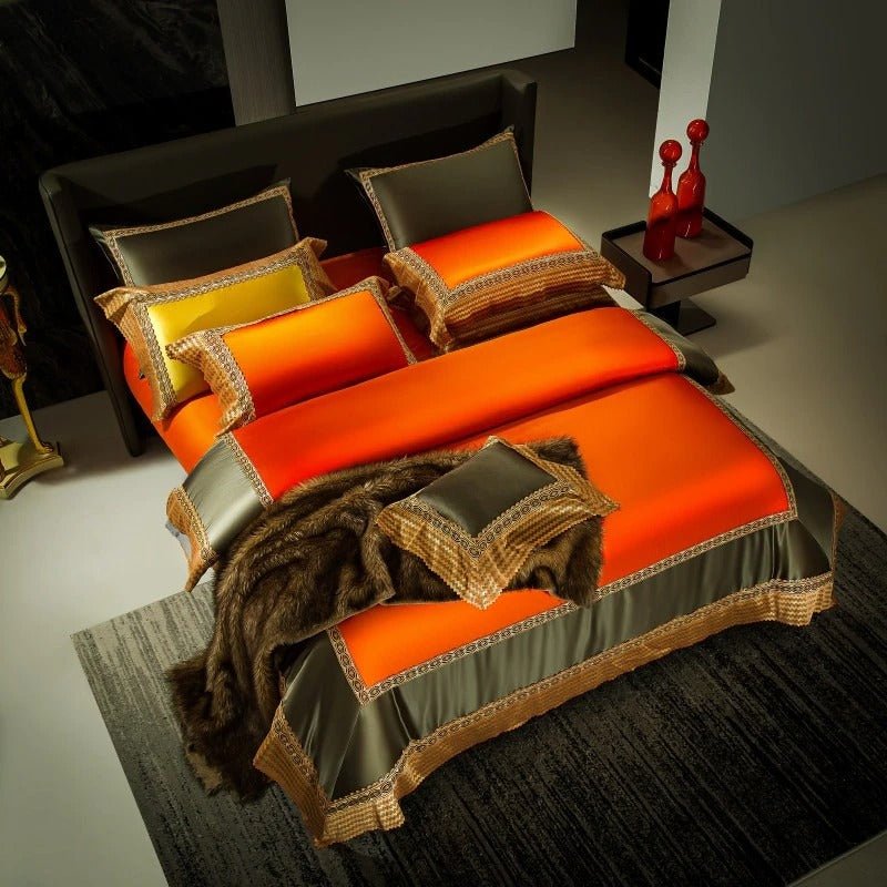Adriel Orange Egyptian Cotton Embroidery Duvet Cover Set - RoseStraya.com