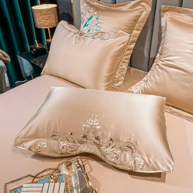 Alessia Desert Sand Embroidery Egyptian Cotton Duvet Cover Set - RoseStraya.com