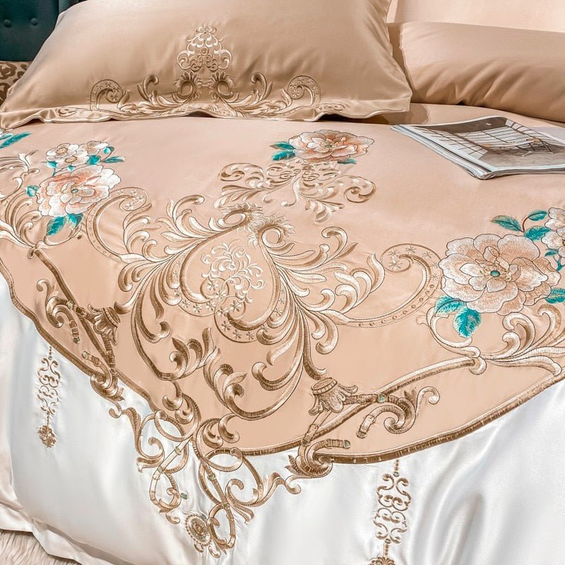 Alessia Desert Sand Embroidery Egyptian Cotton Duvet Cover Set - RoseStraya.com