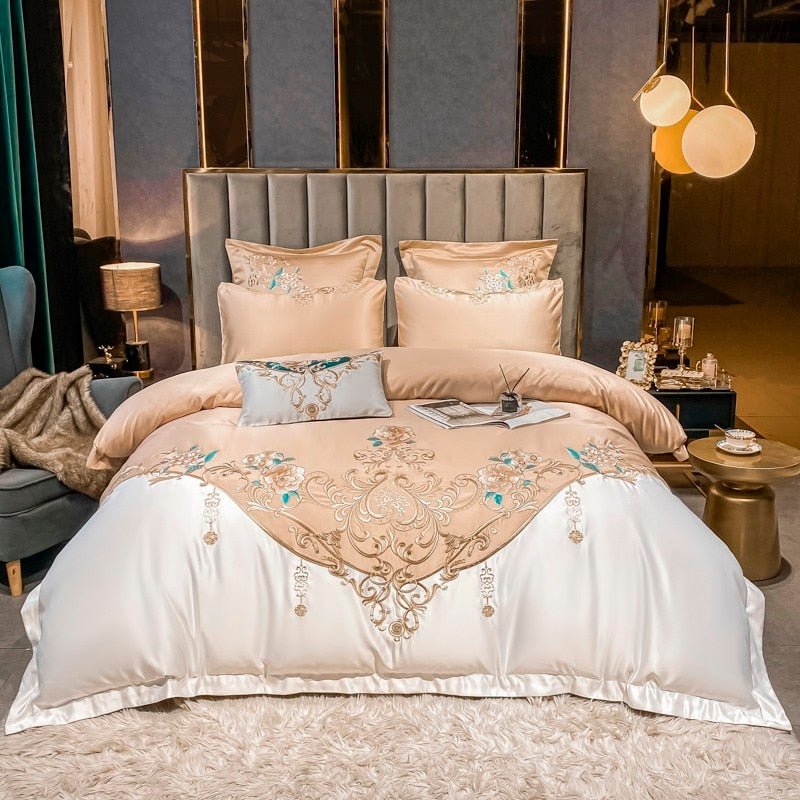 Alessia Desert Sand Embroidery Egyptian Cotton Duvet Cover Set - RoseStraya.com