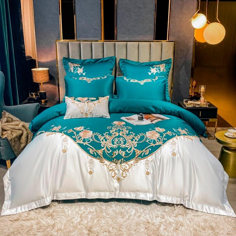 Alessia Turquoise Embroidery Egyptian Cotton Duvet Cover Set - RoseStraya.com