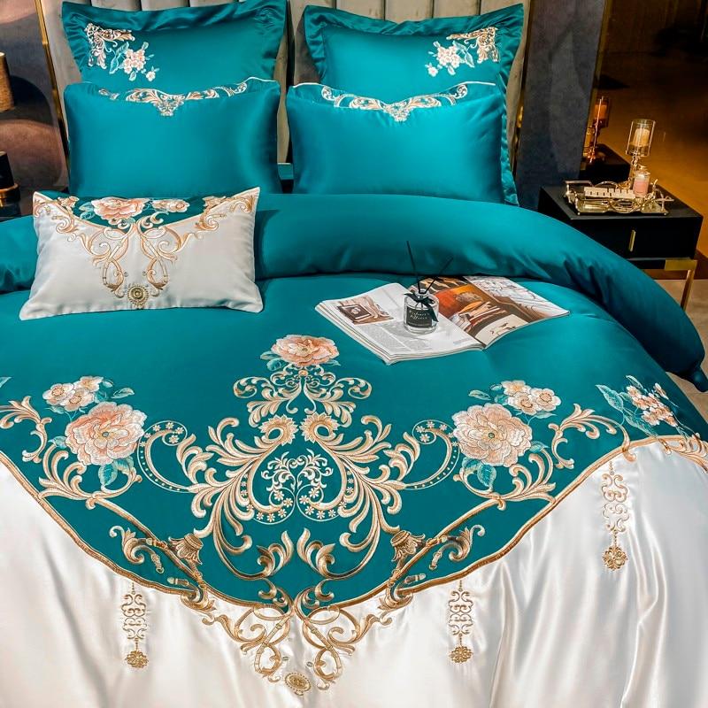 Alessia Turquoise Embroidery Egyptian Cotton Duvet Cover Set - RoseStraya.com