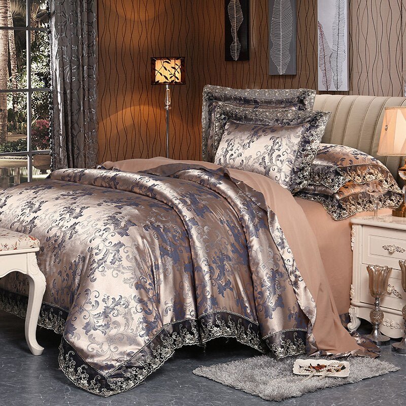 Almira Silver Brown Luxury Satin Cotton Lace Duvet Cover Set - RoseStraya.com