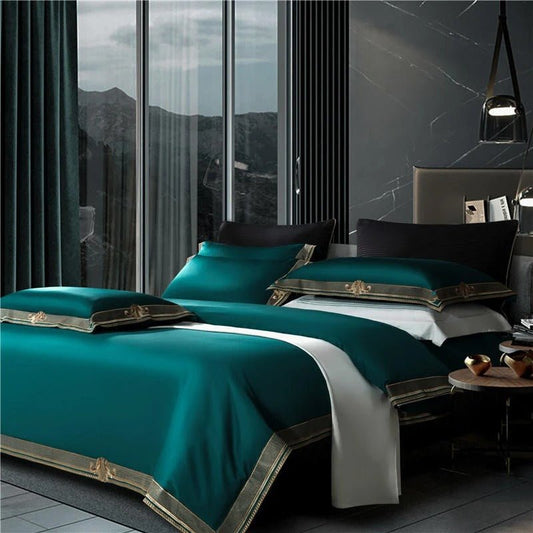 Annika Green Embroidered Motif Border Egyptian Cotton Duvet Cover Set - RoseStraya.com