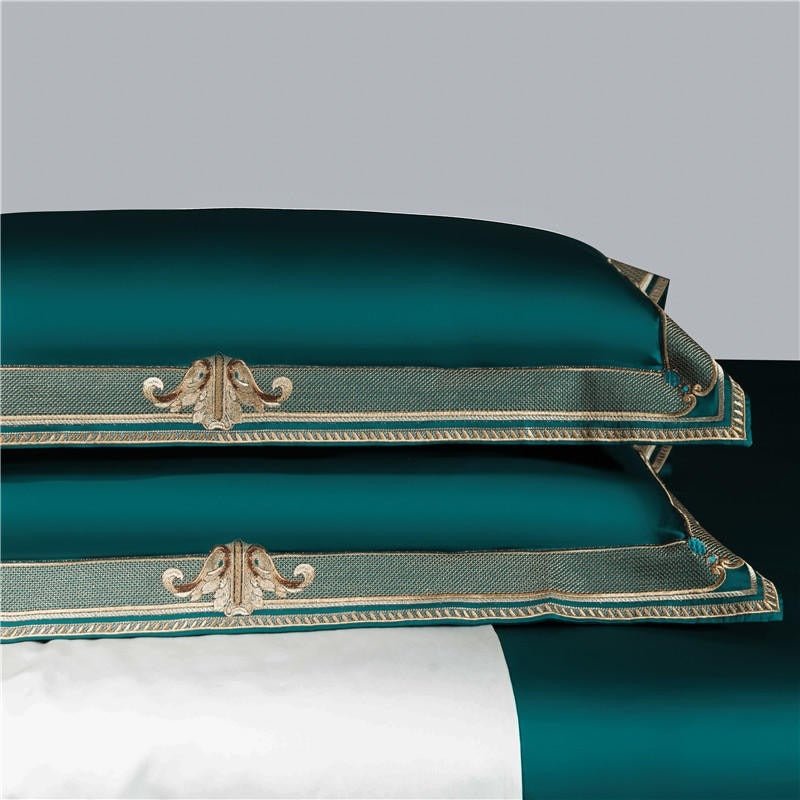 Annika Green Embroidered Motif Border Egyptian Cotton Duvet Cover Set - RoseStraya.com