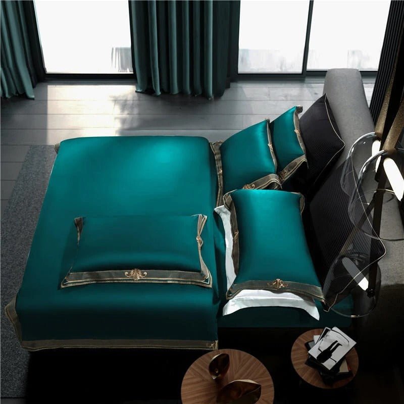 Annika Green Embroidered Motif Border Egyptian Cotton Duvet Cover Set - RoseStraya.com