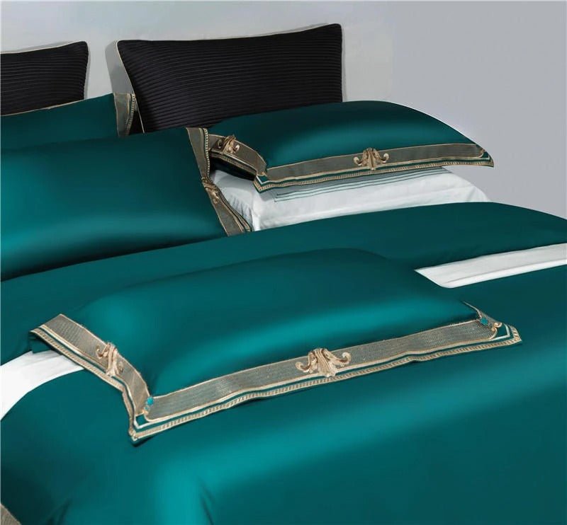 Annika Green Embroidered Motif Border Egyptian Cotton Duvet Cover Set - RoseStraya.com