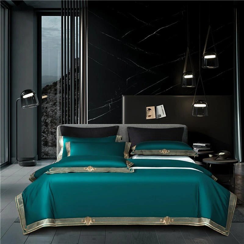 Annika Green Embroidered Motif Border Egyptian Cotton Duvet Cover Set - RoseStraya.com