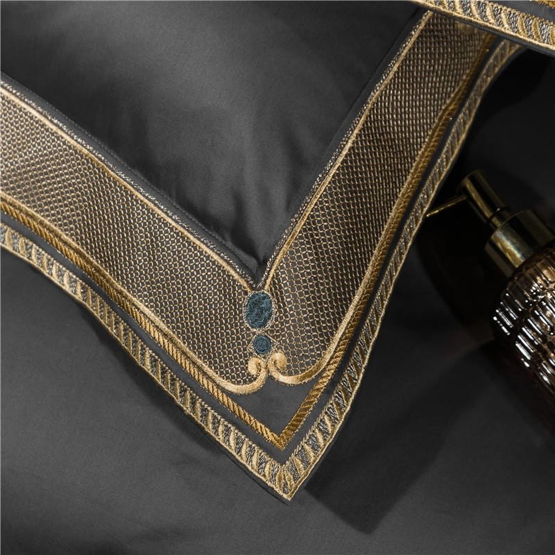 Annika Grey Embroidered Motif Border Egyptian Cotton Duvet Cover Set - RoseStraya.com