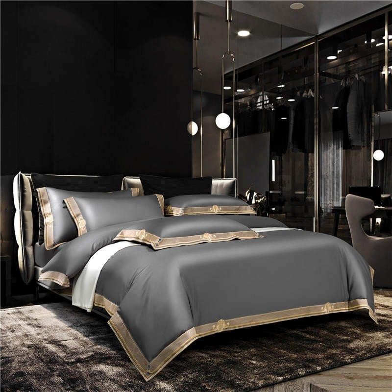 Annika Grey Embroidered Motif Border Egyptian Cotton Duvet Cover Set - RoseStraya.com