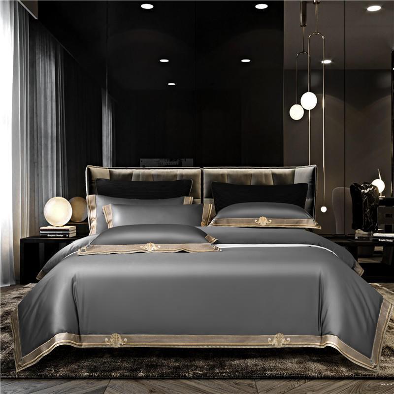 Annika Grey Embroidered Motif Border Egyptian Cotton Duvet Cover Set - RoseStraya.com