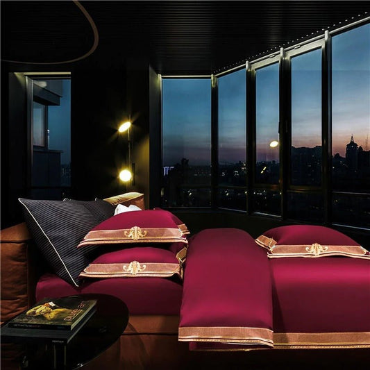 Annika Red Embroidered Motif Border Egyptian Cotton Duvet Cover Set - RoseStraya.com