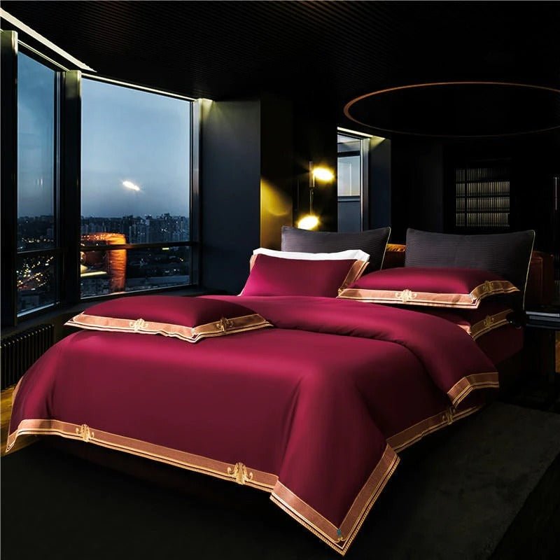 Annika Red Embroidered Motif Border Egyptian Cotton Duvet Cover Set - RoseStraya.com