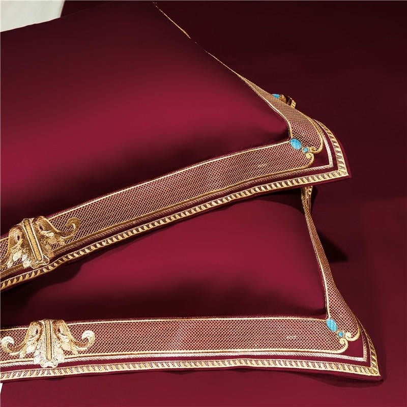 Annika Red Embroidered Motif Border Egyptian Cotton Duvet Cover Set - RoseStraya.com