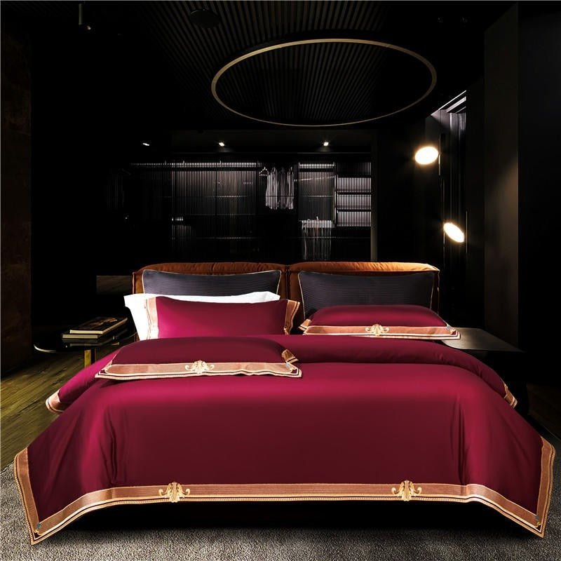 Annika Red Embroidered Motif Border Egyptian Cotton Duvet Cover Set - RoseStraya.com