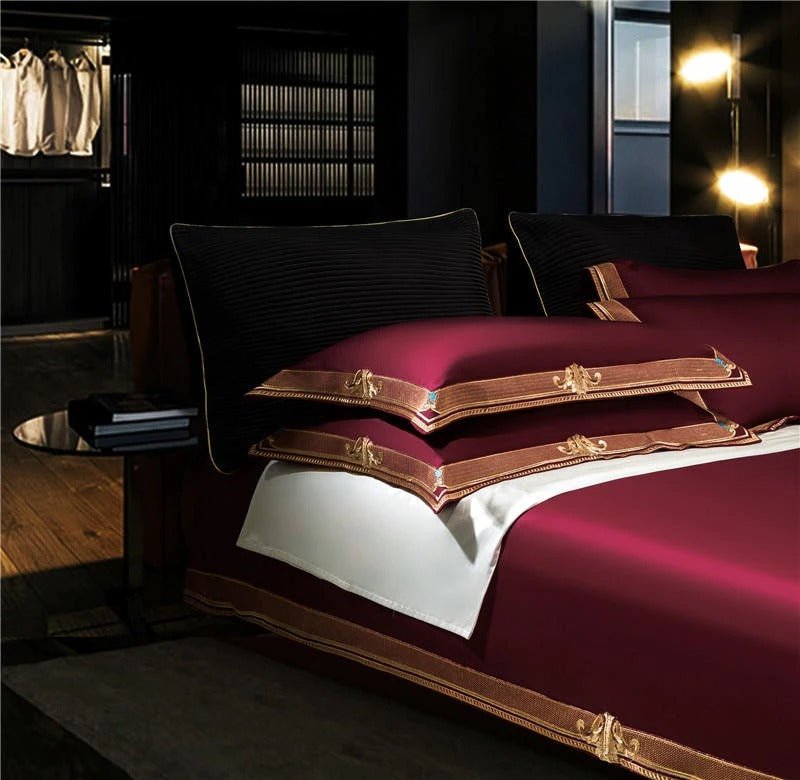 Annika Red Embroidered Motif Border Egyptian Cotton Duvet Cover Set - RoseStraya.com