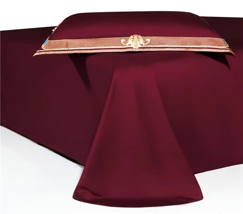 Annika Red Embroidered Motif Border Egyptian Cotton Duvet Cover Set - RoseStraya.com