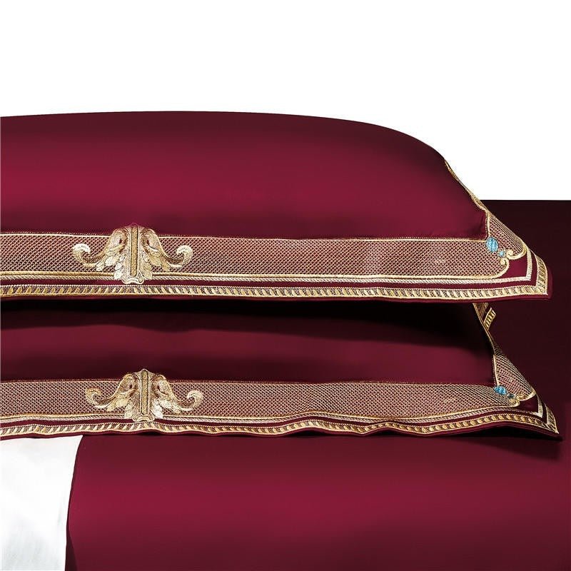 Annika Red Embroidered Motif Border Egyptian Cotton Duvet Cover Set - RoseStraya.com