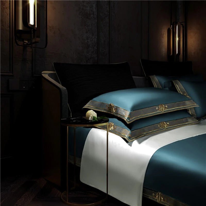 Annika Teal Blue Embroidered Motif Border Egyptian Cotton Duvet Cover Set - RoseStraya.com