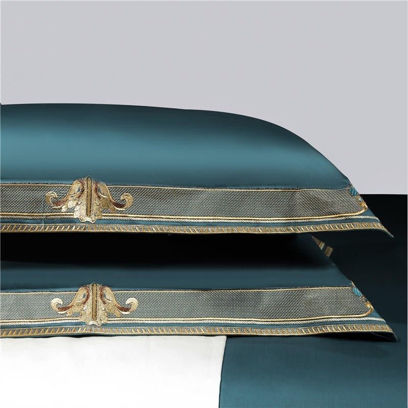 Annika Teal Blue Embroidered Motif Border Egyptian Cotton Duvet Cover Set - RoseStraya.com