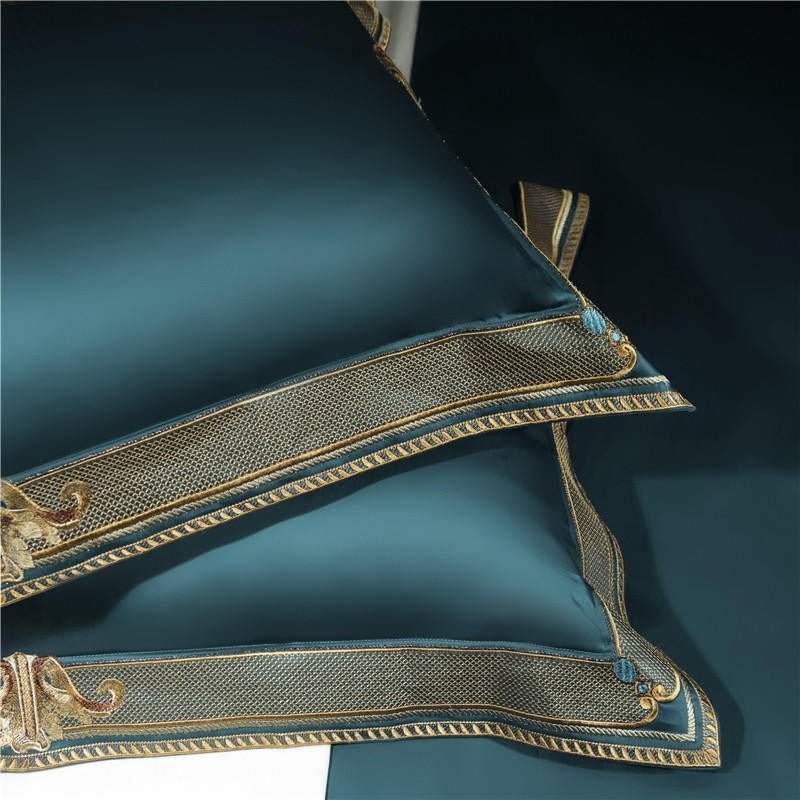 Annika Teal Blue Embroidered Motif Border Egyptian Cotton Duvet Cover Set - RoseStraya.com