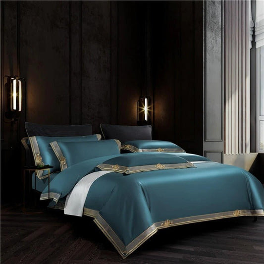 Annika Teal Blue Embroidered Motif Border Egyptian Cotton Duvet Cover Set - RoseStraya.com