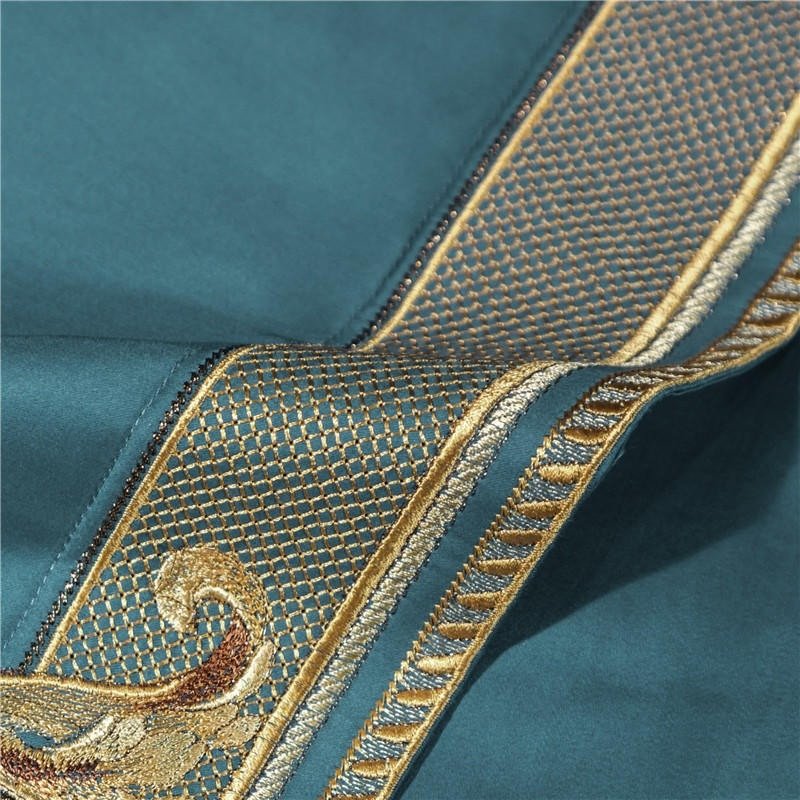 Annika Teal Blue Embroidered Motif Border Egyptian Cotton Duvet Cover Set - RoseStraya.com