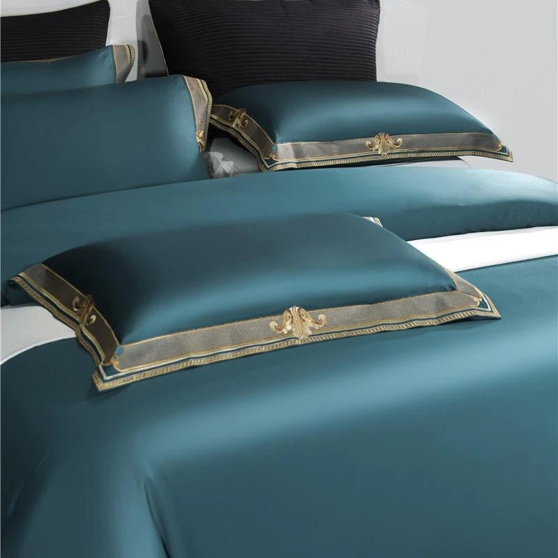 Annika Teal Blue Embroidered Motif Border Egyptian Cotton Duvet Cover Set - RoseStraya.com