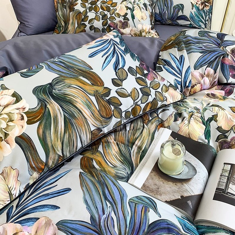 Aster Leaf Floral Egyptian Cotton Duvet Cover Set - RoseStraya.com